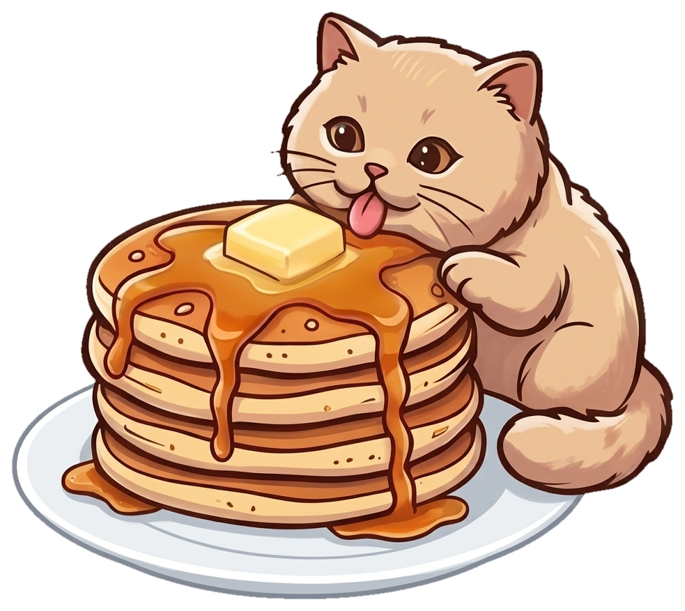 Cat eagerly enjoying a stack of warm syrup pancakes